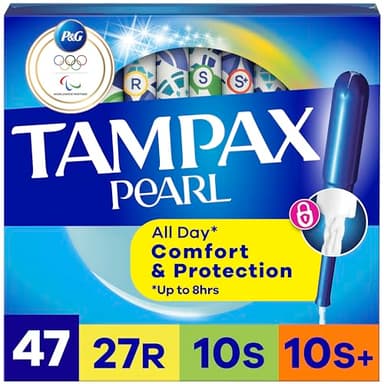 Tampax Pearl Tampons for Women Multipack, with LeakGuard Braid, Regular/Super/Super Plus Absorbency, Unscented, 47 Count