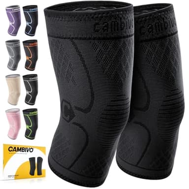 CAMBIVO 2 Pack Knee Braces for Women & Men, Knee Compression Sleeves for Knee Pain Relief, Knee Support with Non-Slip Silicone, Breathable, for Running, Workout, Weightlifting & Daily Use, Arthritis Support (Black, Medium)