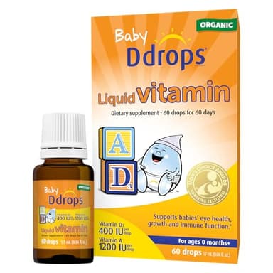 Ddrops® Baby Organic Liquid Vitamins A&D Drops for Infants, 60 Drops. Supports Babies’ Eye Health, Bone Development and Immune Function. Certified Organic, Non-GMOs, Allergy-Friendly