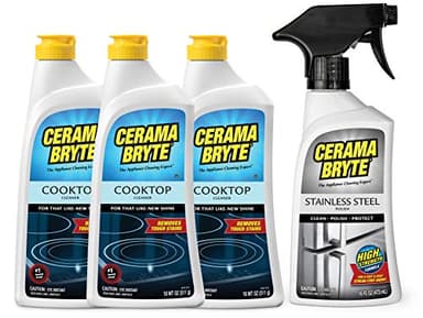 Cerama Bryte Stainless Steel Appliance Cleaner & Removes Tough Stains Cooktop and Stove Top Cleaner for Glass - Ceramic Surfaces, 16 & 18 Ounces, 3-18 Ounces + 1-16 Ounce