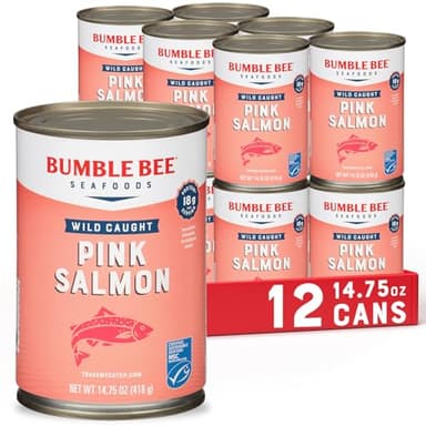 Bumble Bee Canned Pink Salmon, 14.75 oz Cans (Pack of 12) - Premium Wild Caught Salmon with Skin & Bones - 18g Protein per Serving - MSC Certified Sustainable Seafood, Non-GMO, Gluten Free, Kosher