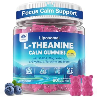 L Theanine Calm Gummies 500mg, Sugar-Free Liposomal L-Theanine Supplement, w/Safforn, Magnesium Glycinate, GABA, Ashwagandha, Algae Omega-3, Vitamin D3 B12, for Brain Calm, Relax, Mood, Zzz, 120Cts