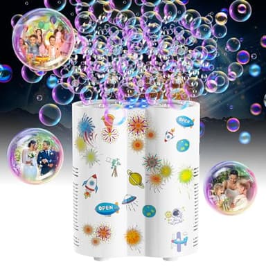 Panamalar Fireworks Bubble Machine, Automatic Bubble Blower for Kids 20000+ Bubbles per Min, 26 Holes Bubble Machine with Lights/240ml Solution, DIY Sticker Bubble Maker Toys for Outdoor Party Wedding