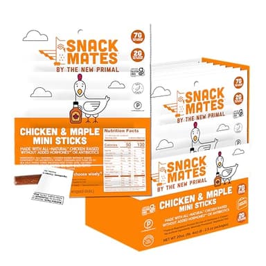 The New Primal Snack Mates Chicken & Maple Sticks, Gluten Free Healthy Snacks for Kids, Low Sugar High Protein Back to School Snacks, Mini Paleo Jerky Meat Stick, 7g Protein, 50 Calories, 40 Pack