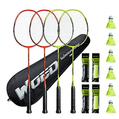 Badminton Racket Set of 4, Professional Carbon Fiber Badminton Rackets Badminton Racquet for Backyards Gym with 6 Shuttlecocks 4 Grip Tape and 1 Badminton Bag, Yellow Orange