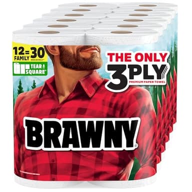 Brawny Tear-A-Square 3-Ply Paper Towels, 12 XL Family Rolls = 30 Regular Rolls, Strong, Absorbent, and Durable with 3 Sheet Sizes (Quarter, Half, Full)