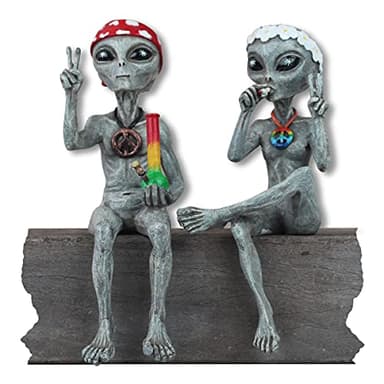 “Hippie and Stoner” Alien Statues Couple Hippie Pot Smoking Marijuana Weed 10 “ H Alien Figurines Shelf Sitters Indoor/Outdoor Funny Home or Garden Decoration – Set of 2 (Alien Gray)
