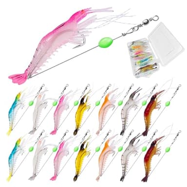 14PCS Saltwater Fishing Lures Shrimp Lures Set with Bait Box, 7 Colors Premium Soft Shrimp Fishing Tackle with Luminous Sharp Hooks, for Saltwater and Freshwater Aggressive Fish