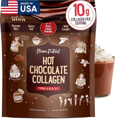 Mama Natural Hot Chocolate Multi Collagen Protein Powder, Made with Organic Cacao, Types 1, 2, 3, 4, 5, 10 Collagen Peptides Powder - Grass Fed Beef, Wild Fish Marine & USA Eggshell - 16 Servings