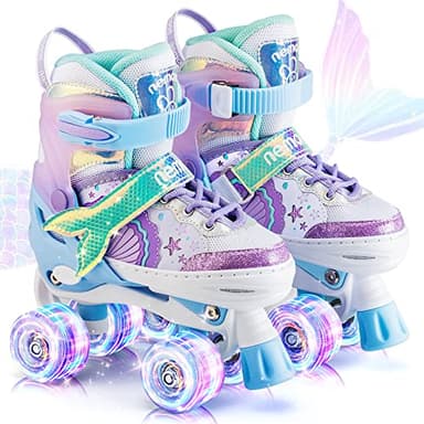 NEMONE Mermaid 4 Size Adjustable Light up Roller Skates for Girls, Blue Purple Skates for Toddlers, Beginner Kids Roller Skates Indoor Outdoor (Blue M)