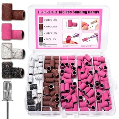 Haozher Nail Drill Bits, 135 Pcs Sanding Bands for Nail Drill, Nail Tips for Drill Bits Nail Tech, Mix 80#120#180#240# Fine Grit File Sanding Bands for Acrylic Gel Manicures Pedicure