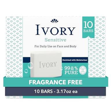 Ivory Sensitive Bar Soap, Designed for Whole Family, Fragrance Free, 99.44% Pure Formula, Plant-Based Cleanser, Made Without Heavy Perfume, Parabens, Phthalates, For All Skin Types, 3.17 oz (10 Count)