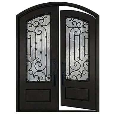 BGW Doors Matte Black Wrought Iron Double Front Entry Door with Rainstorm Privacy Glass, Arched Top Prehung Pre-Finished Exterior Door, Right Inswing, 36x36x96