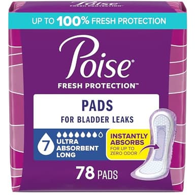 Poise Incontinence & Postpartum Pads for Bladder Leaks, 7 Drop Ultra Absorbency, Long Length, 78 Count, Packaging May Vary