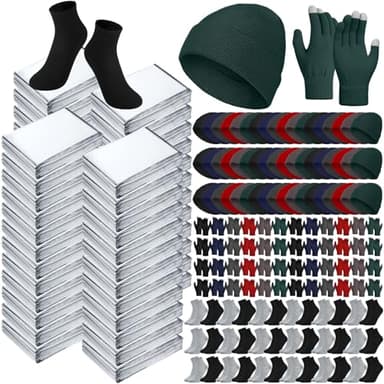Jamntower 400 Pcs Thermal Blankets Winter Warmth Set Bulk, Warm Socks Winter Touchscreen Gloves Beanie Hats Emergency Foil Blankets (Elegant)