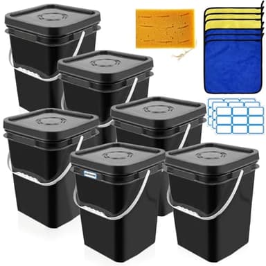 6 Pcs 5 Gallon Square Bucket with Lid,Industries Barrels with lid and Plastic Handle,Rain Buckets,Food Storage Containers DIY Label Stickers Towel and Brush for Paint Storage Tank Crafts