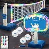 OHYEMO 2-in-1 LED Pool Volleyball & Basketball Game Set, Light Up Pool Sport Combo Set with 14in LED Rim/4 Glow Balls/2 Base/Pump, Inground Swimming Pool Toy Game for Adults & Family