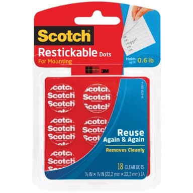 Scotch Restickable Dots, 7/8-in, 18 Count, Clear Double-Sided Mounting Pre-Cut Dots, Remove Cleanly, Mount Objects on Stainless Steel, Plastic & More, Photo-Safe Adhesive, Mess-Free Application (R105)