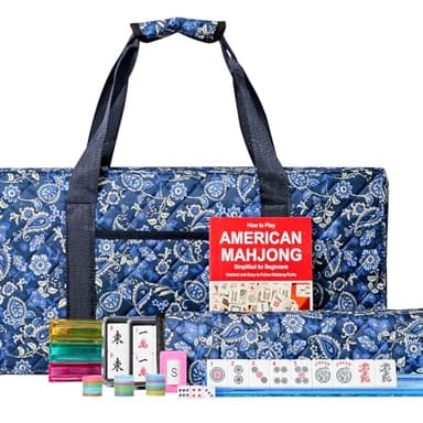 Jongyance American Mahjong Set with Blue Carrying Bag, 166 White Tiles, 4 All-in-One Rack/Pushers, Mahjong Tiles Set (Ma Jong, Mah-Jongg, Majiang)