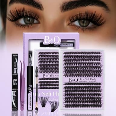 B&Q Fluffy Lash Clusters Kit 280PCS UltraSoft Cluster Eyelash Extensions, 70+90D Volume Eyelash clusters 10-18mm Lash Extension Kit, D Curl Individual Lashes kit with lash Applicator Tool (70+90D Set)