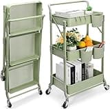 Foldable 3 Tier Rolling Cart, Metal Utility Cart, Folding Mobile Multi-Function Storage Trolley Organizer Cart for Home Library Office(Green)
