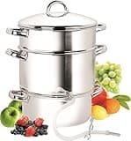 Cook N Home Basics Canning Juice Steamer Extractor With water/cooking pan, juice pan, strainer/loading pan, lid, and hose with clamp , 11-Quart, Mirror Satin, Stainless Steel