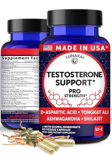 Lunakai USA Made Natural Testosterone Booster for Men with Tongkat Ali, Ashwagandha & Shilajit - Testosterone Supplement for Strength, Energy & Stamina, 60ct