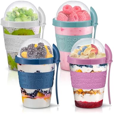 Tribello 4 Pack - On the Go Yogurt Parfait Cups with Lids, Topping Compartment & Spoon, Yogurt/Parfait Cups for Breakfast Meal Prep, Reusable Leak Proof Container - BPA Free - 20oz - Colorfull