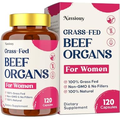 12-In-1 Beef Organ Supplement for Women - Beef Liver, Uterus, Kidney, Heart, Pancreas, 5 Vitamins & 2 Herbs, Hormone Balance, Menstruation, Energy, Immune - 100% Grass Fed, Pasture Raise - 120 Caps