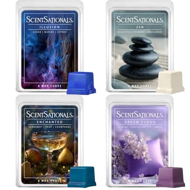 Scentsationals Wax Melts Moodscapes - Tranquility 4-Pack – Long Lasting Wax Cubes with Strong Scent for Warmers – Includes Zen, Illusion, Enchanted & Dream Cloud – 10oz (24-Cubes)