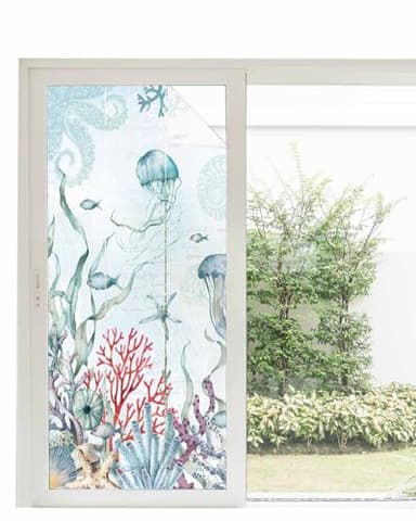 Window Privacy Film, Ocean Fish Seaglass Coral Jellyfish Blue Summer Static Clings Window Film for Glass Windows Removable Decorative Sticker for Home Bathroom Office, 35.4" x 78.7"