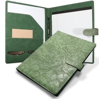 Professional Padfolio Portfolio Binder, Textured Embossing Faux Leather Folder Organizer for Letter Size Legal Pad Notepad Resume, Card Holder for Women Men Business Office Conference (Green)