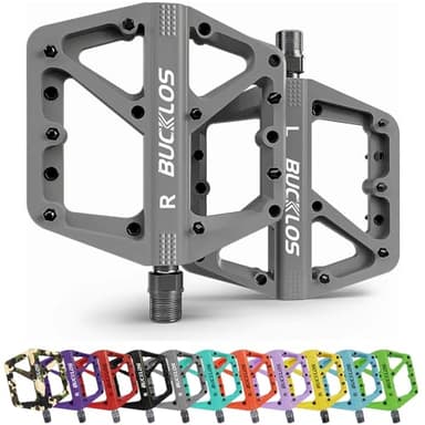 BUCKLOS Mountain Bike Pedals MTB Pedals Flat, Bicycle Road Bike Adult Large Platform Pedal with Non-Slip Grips for Gravel/Ebike/Hybrid Bikes/Beach Cruiser(9/16 Nylon Grey)