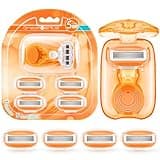 DreamGenius Travel Razors for Women Include 1 Handle and 5 Cartridges, Extra Smooth 5-Blade Travel Essentials Razor with Case for Shaving, Orange