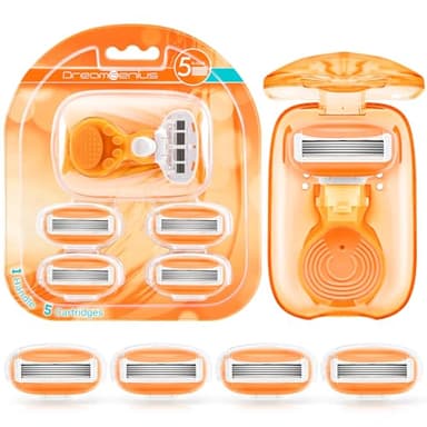 DreamGenius Travel Razors for Women Include 1 Handle and 5 Cartridges, Extra Smooth 5-Blade Travel Essentials Razor with Case for Shaving, Orange