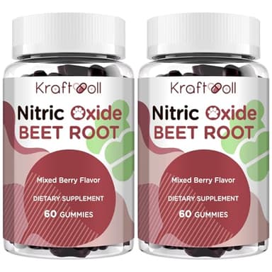 Kraftvoll Nitric Oxide Beet Root Gummies – Sugar-Free Beet Chewables, Mixed Berry Flavor with Grapeseed Powder, Pomegranate, Vitamin C & B12 – Nitric Oxide Supplements for Men – 60 Gummies (2 Bottles)