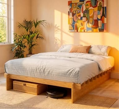 XIAO WEI Queen Wood Platform Bed Frame, Queen Size Bed Frame with Wood Slat Support, Japanese Joinery with 8" Under-Bed Storage, No-Tool Assembly, No Box Spring Needed, Noise Free, Natural