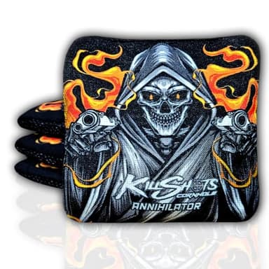 Killshots Cornhole | Annihilator Series | Limited Edition | Premium Cornhole Bags | Double-Sided Stick & Slide | Durable | Resin Filled | Regulation 6x6, 16oz | Set of 4 (Black Reaper)