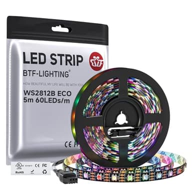 BTF-LIGHTING WS2812B ECO RGB LED Strip,UL Listed,Individually Addressable,16.4FT 60LED/m 300Pixel DC5V 5050SMD,Alloy Wire Flexible 3M Tape for DIY Chasing Color Project IP30(No Adapter or Controller)