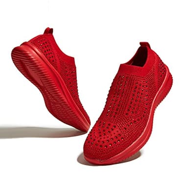 BELOS Women's Rhinestone Slip On Walking Shoes Breathable Mesh Knit Sock Shoes Fashion Comfortable Sparkly Sneaker(Red,9)