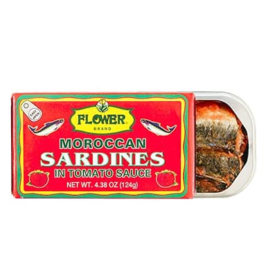 Flower Brand Sardines in Tomato Sauce Morocco Wild Sardines Canned 4.38 oz, Wild-Caught from Morocco, High Protein, Keto&Gluten Free Food, Keto Snacks, Canned Food (Pack of 5)