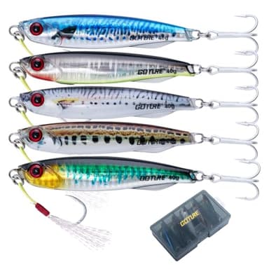 Goture Fishing Jigs, Transparent Epoxy Resin Coating Vertical Jig Saltwater Freshwater, Slow Sinking Resin Jig with Assist Hook and Treble Hook, 5PCS 40g Fishing Jigging Lures with Tackle Box