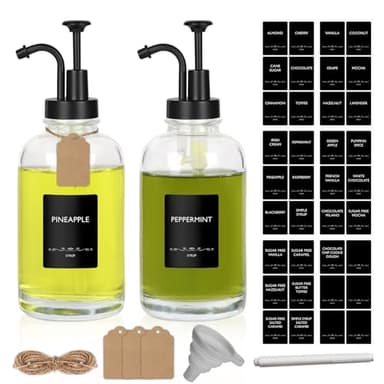 Coffee Syrup Dispenser 16.9 Oz 2 Pack, 500ml Glass Bottle with Black Plastic Pump for Coffee Bar, Includes 36 Stickers & Marker - Reusable Syrup Bottles