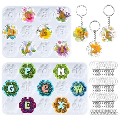 LET'S RESIN Keychain Resin Molds Silicone with Hole, 27 Cavities Flower Alphabet UV Resin Jewelry Pendant Molds kit for Beginner, Letter Epoxy Resin Molds for Keychain Pendant Jewelry Making