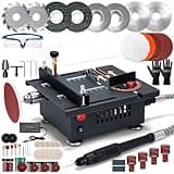 Table Saw, Aboofx 100w Mini Desktop Electric Saw Cutter Speed Angle Adjustable 16mm Cutting Depth, Seven Speed Adjustable Power Supply, Portable Small Table Saw with Glove And Glasses for Craft