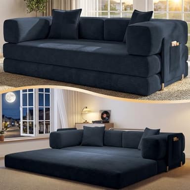 CUBENTE 78.8" Convertible Sofa Bed,Corduroy Futon Couch with Storage Pocket,Folding Pull Out Futon Sofa,No Assembly Boneless Couch for Home & Apartment,Navy