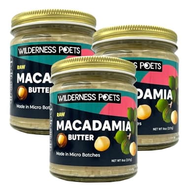 Wilderness Poets, Raw Macadamia Nut Butter - 3 Pack (8 Ounce Jars) - Vegan, No Salt - Glass Jars