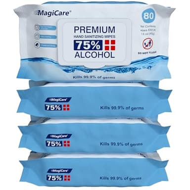 MagiCare 75% Large Alcohol Wipes (4-80ct Packs, 320pcs) - Alcohol Hand Sanitizer Wipes, Premium - Unscented Hand Wipe, Sanitizing Wipe - Travel, Home, Classroom, Camping - Soft Packs
