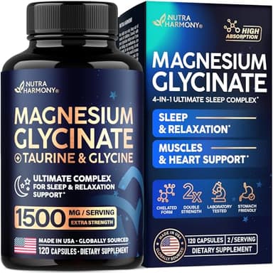 Magnesium Glycinate - Sleep & Relaxation Support - Extra Strength Glycinate, Glycine & Taurine 1500 mg - Magnesium Supplement for Women & Men - Chelated & High Absorption - Made in USA - 120 Capsules