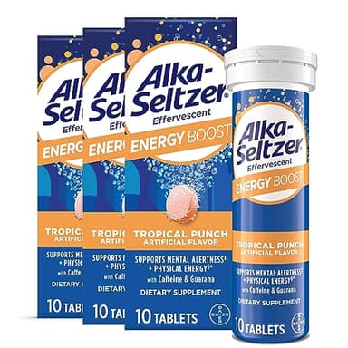Alka-Seltzer Energy Boost: Caffeine & Guarana, B Vitamins, Supports Mental Alertness and Physical Energy, Daily Energy Supplement, Fizzy Tablets, Sugar-Free, Light Tropical Punch Flavor, 30ct